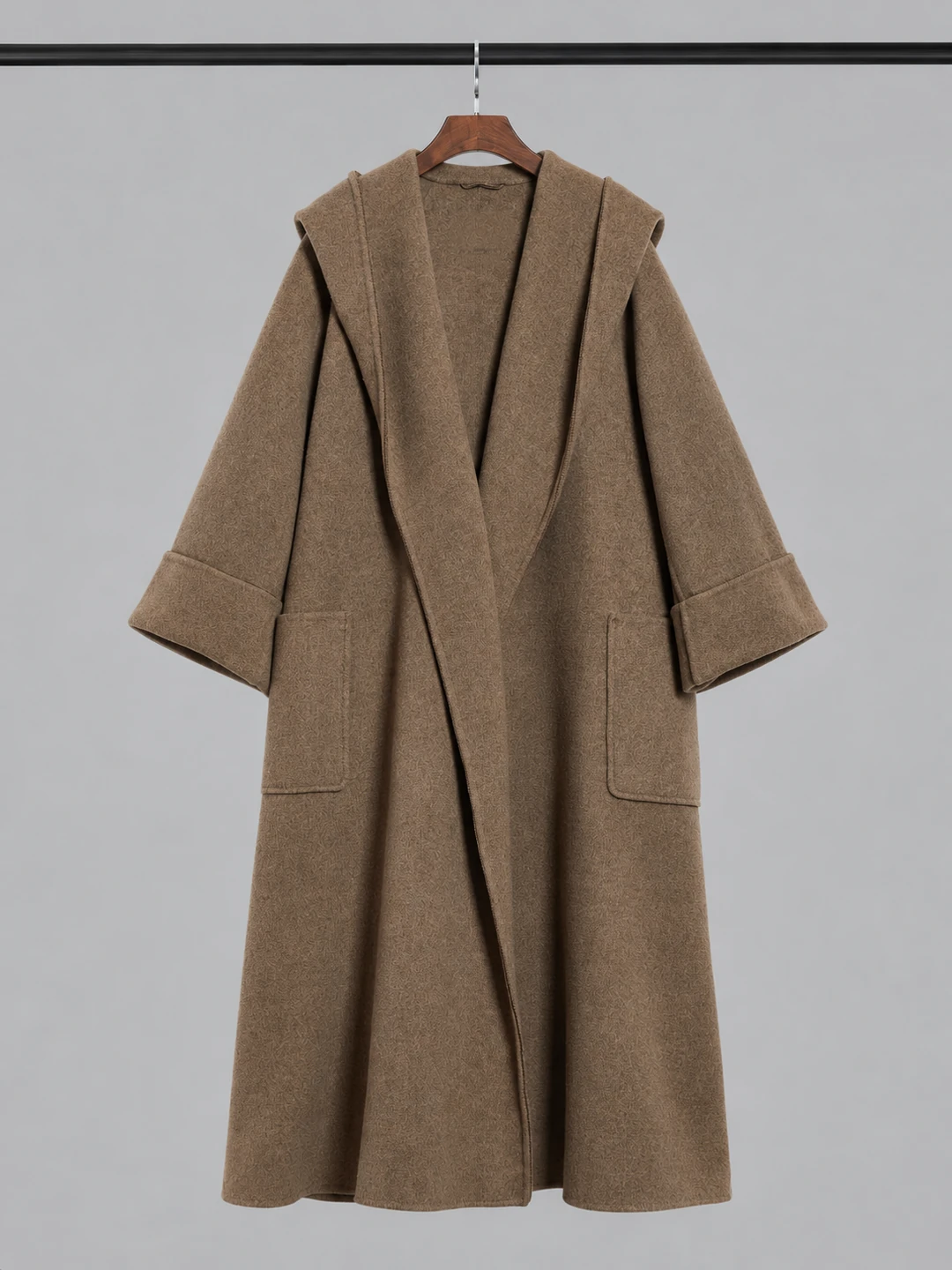TINGSU style 2607, brown open-front coat with patch pockets, garment reference
